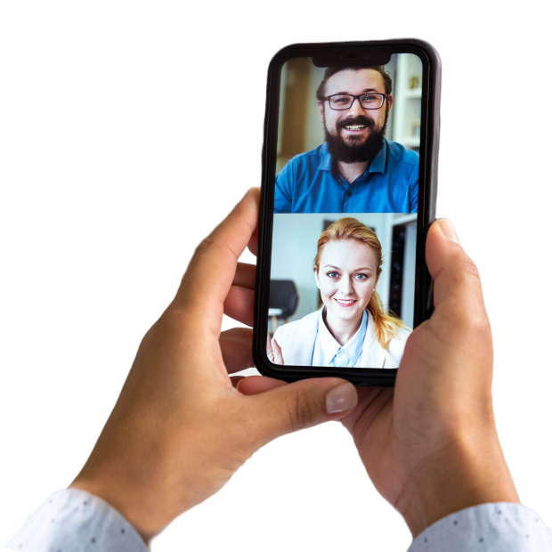 A person holding a phone showing a virtual visit